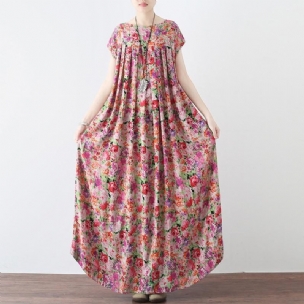 Lässiges Maxi-kurzarmkleid Aus Leinen Mit Retro-blumenmuster Für Damen