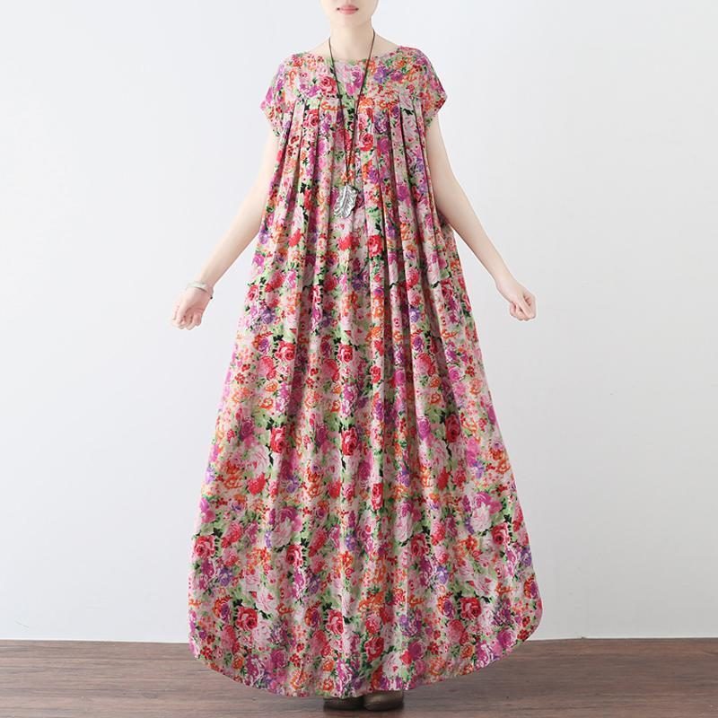 Lässiges Maxi-kurzarmkleid Aus Leinen Mit Retro-blumenmuster Für Damen