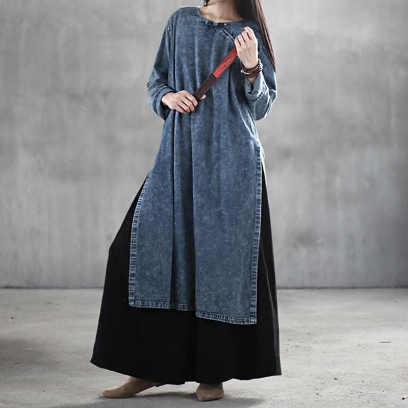 Langärmliges Denim-retro-kleid Im Chinesischen Stil Mit Großer Schnalle