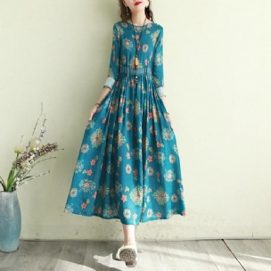 Langärmliges Kleid Aus Baumwoll-leinen-retro-print Mit Blumenmuster