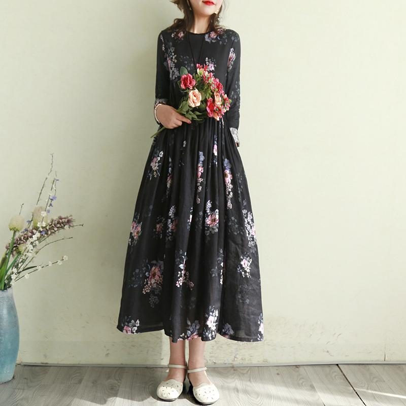 Langärmliges Kleid Aus Baumwoll-leinen-retro-print Mit Blumenmuster