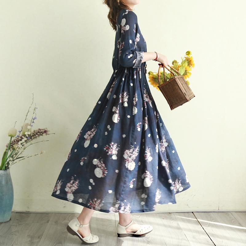 Langärmliges Kleid Aus Baumwoll-leinen-retro-print Mit Blumenmuster