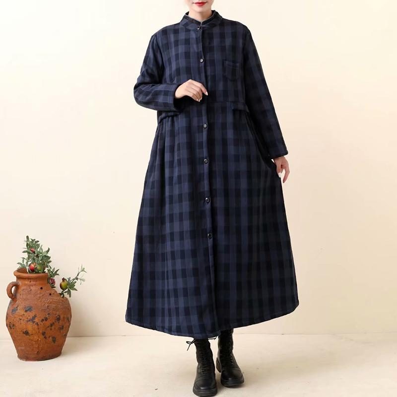 Langes Mantelkleid Aus Dickem Retro-baumwoll-leinen-plaid