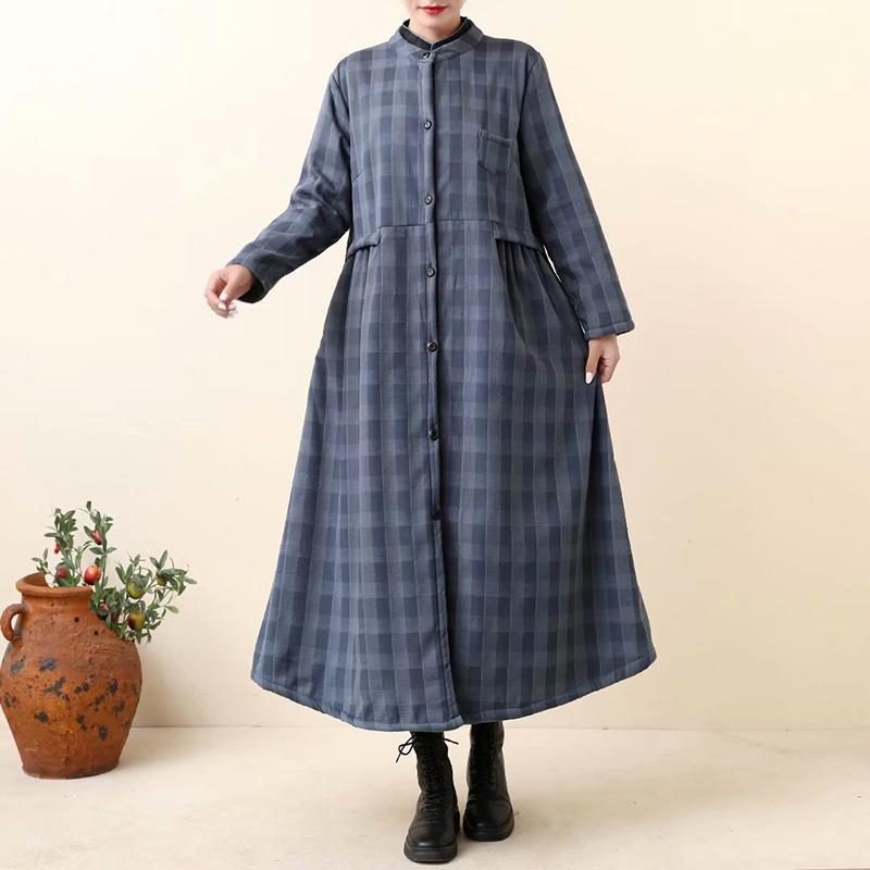 Langes Mantelkleid Aus Dickem Retro-baumwoll-leinen-plaid