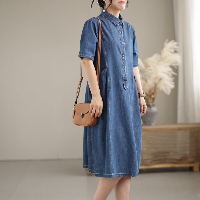 Lockeres Legeres Sommer-denimkleid Aus Baumwolle