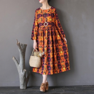 Lockeres Retro-baumwoll-leinen-kleid Mit Totem-print