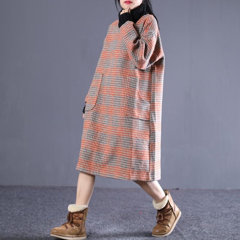 Loose Plaid High Neck Stitching Dickes Kleid