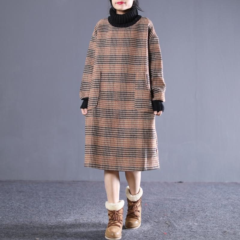 Loose Plaid High Neck Stitching Dickes Kleid