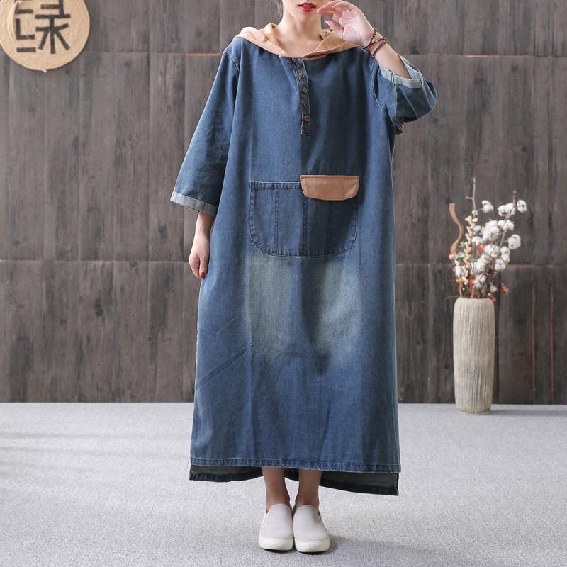 Loses Damen-denimkleid Mit Kapuzennähten