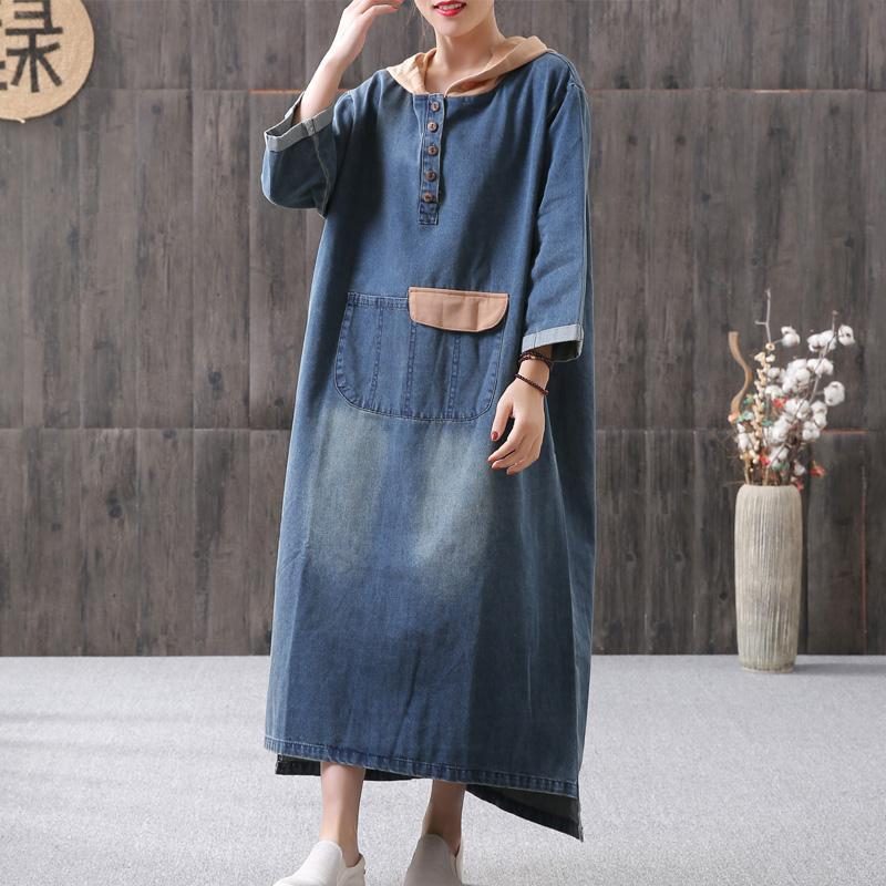 Loses Damen-denimkleid Mit Kapuzennähten