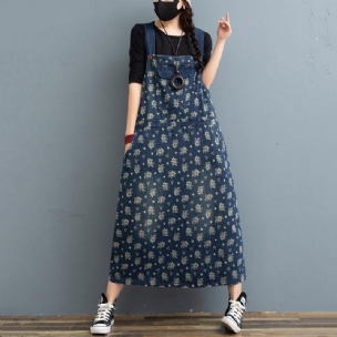 Mittellanges Lockeres Jeans-trägerkleid Im Retro-stil