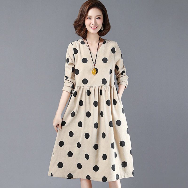 Polka Dots Lässiges Lockeres Gerafftes V-ausschnitt-kleid