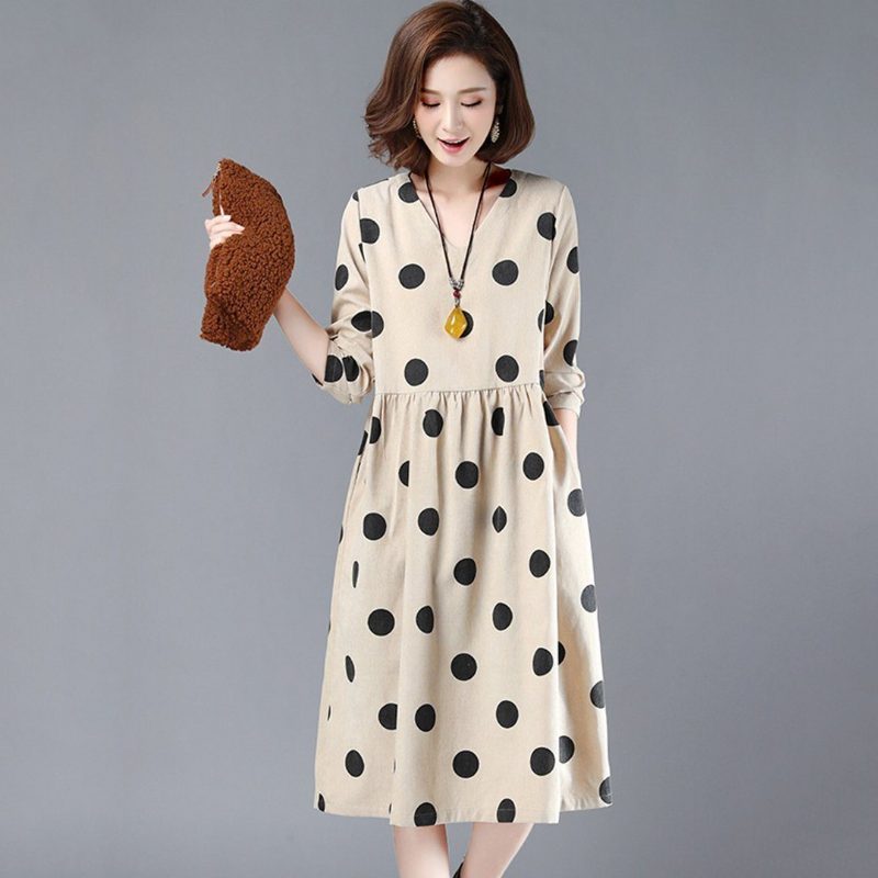 Polka Dots Lässiges Lockeres Gerafftes V-ausschnitt-kleid