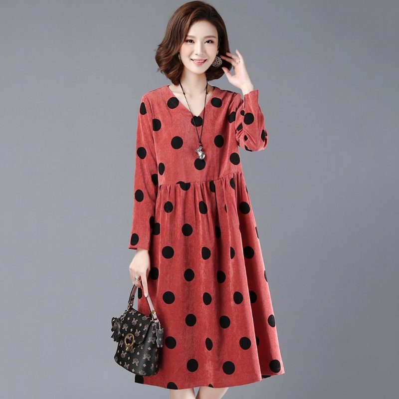 Polka Dots Lässiges Lockeres Gerafftes V-ausschnitt-kleid