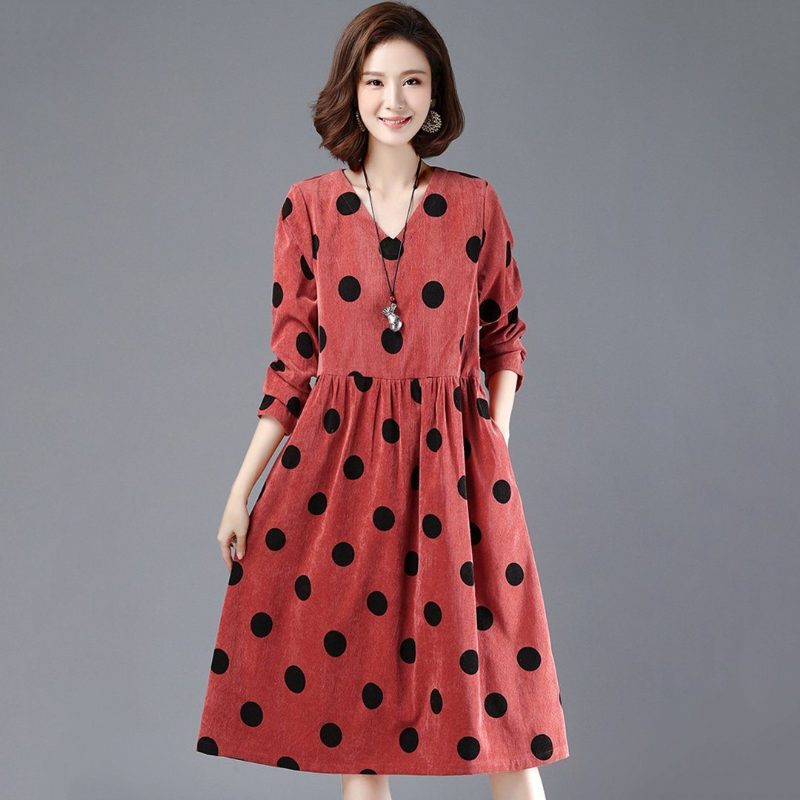 Polka Dots Lässiges Lockeres Gerafftes V-ausschnitt-kleid