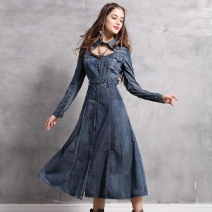 Polokragen Holzschnalle Vintage Stickerei Denim Langarm Kleid