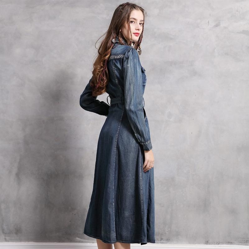 Polokragen Holzschnalle Vintage Stickerei Denim Langarm Kleid