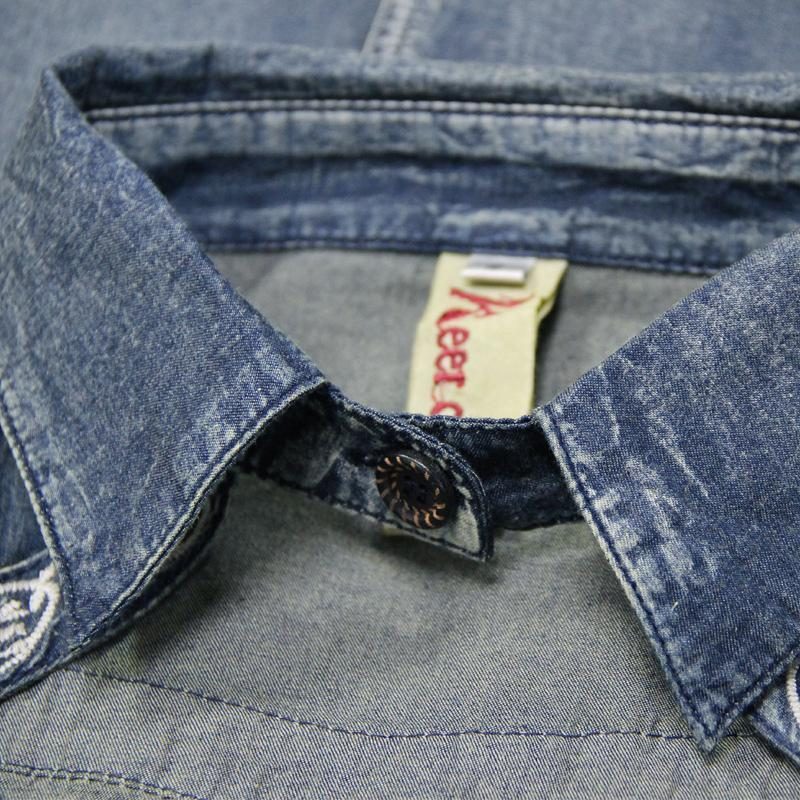 Polokragen Holzschnalle Vintage Stickerei Denim Langarm Kleid