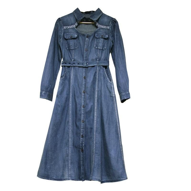 Polokragen Holzschnalle Vintage Stickerei Denim Langarm Kleid