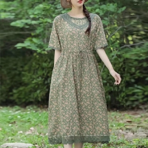 Rundhals-sommerkleid Aus Baumwolle Und Leinen Mit Blumenmuster