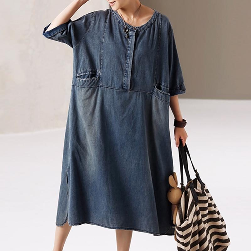 Rundhalstaschen Denim Einfaches Sommerkleid