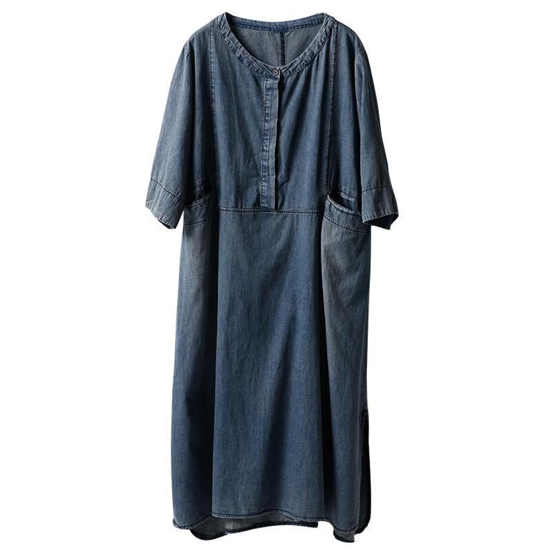 Rundhalstaschen Denim Einfaches Sommerkleid