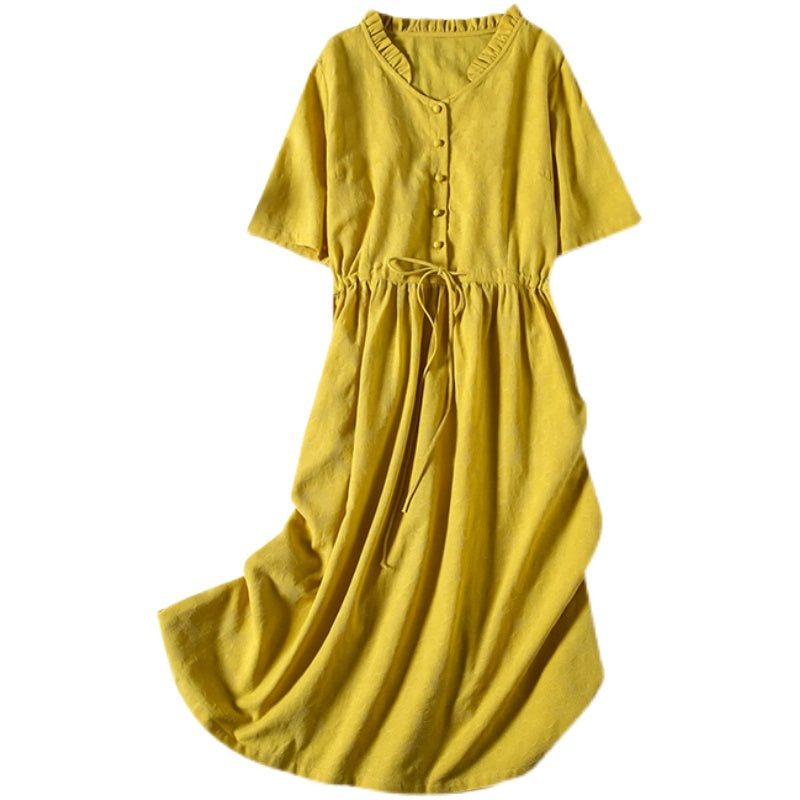 Sommer-baumwoll-leinen-solid-vintage-kleid Mit Rüschenkragen