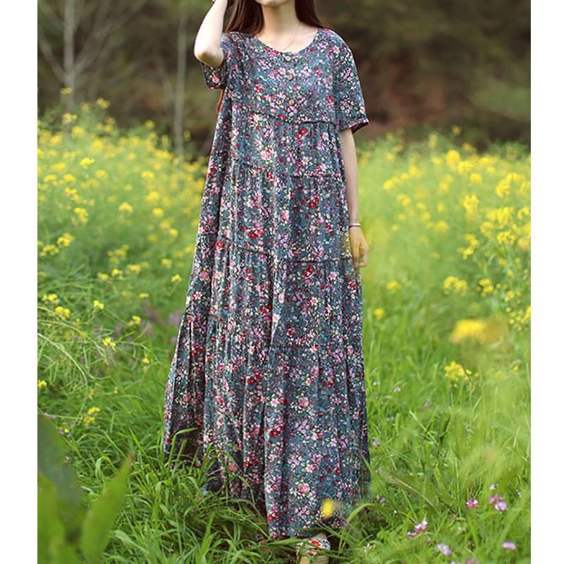 Sommer-boho-blumenkleid Aus Lockerem Baumwollleinen