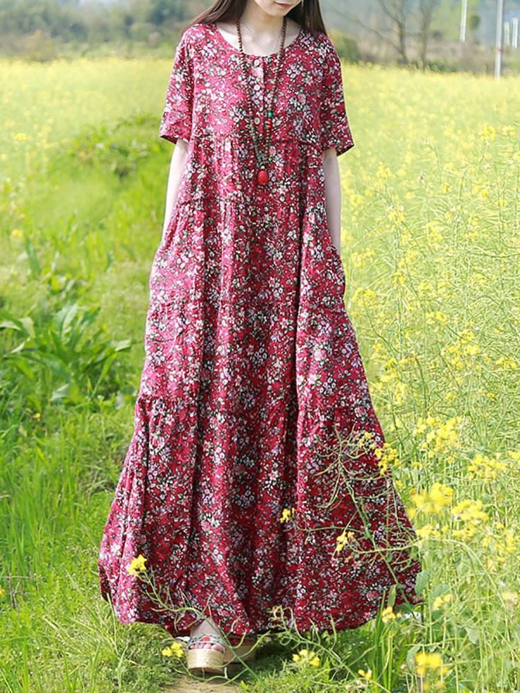 Sommer-boho-blumenkleid Aus Lockerem Baumwollleinen