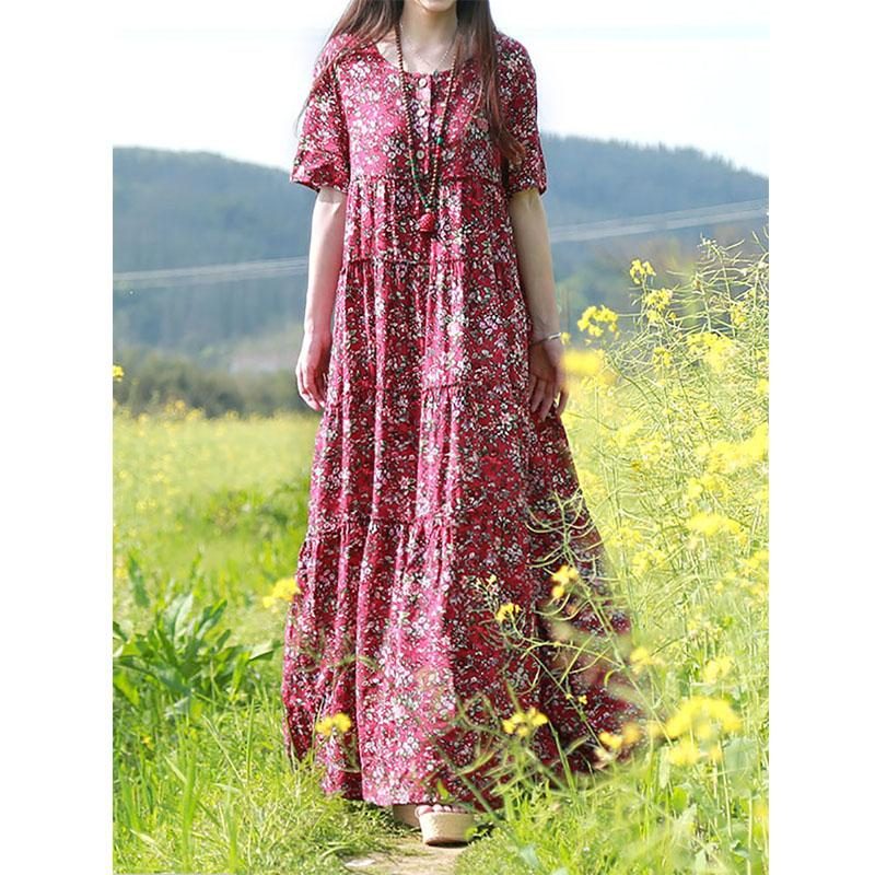 Sommer-boho-blumenkleid Aus Lockerem Baumwollleinen