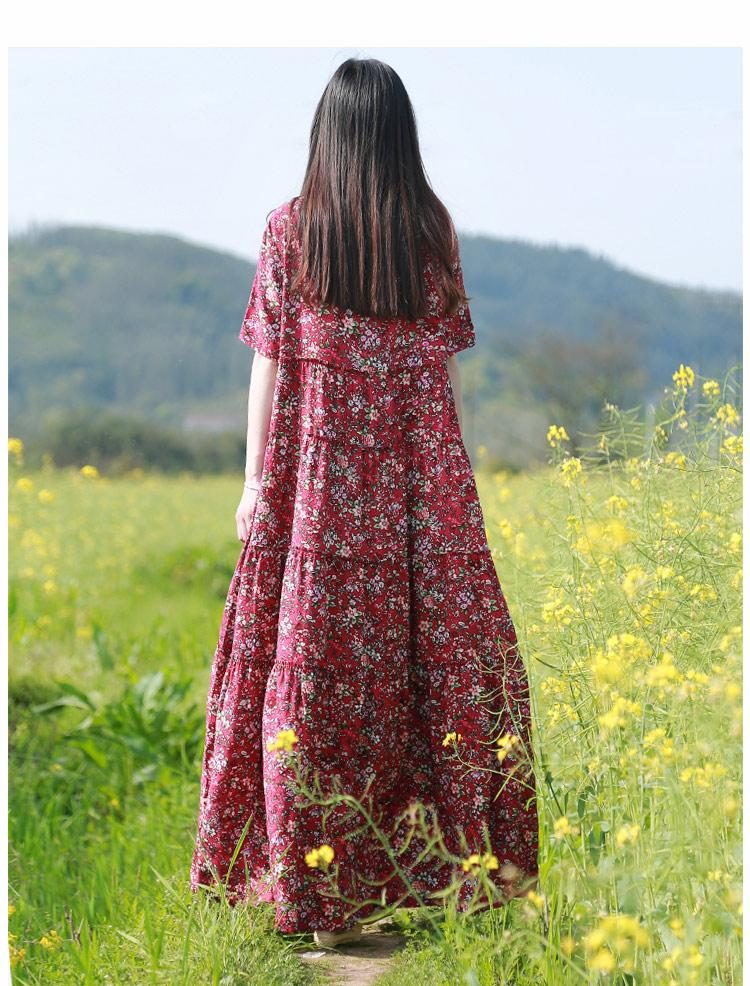 Sommer-boho-blumenkleid Aus Lockerem Baumwollleinen