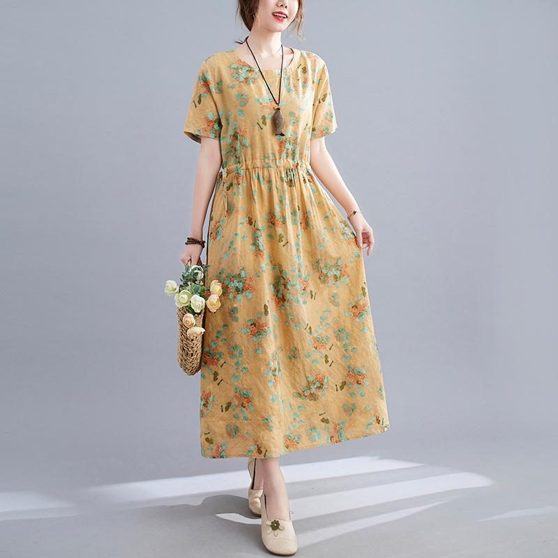 Sommer Leinenkleid Mit Blumenmuster Im Retro-stil