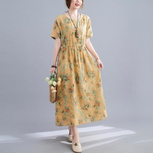 Sommer Leinenkleid Mit Blumenmuster Im Retro-stil