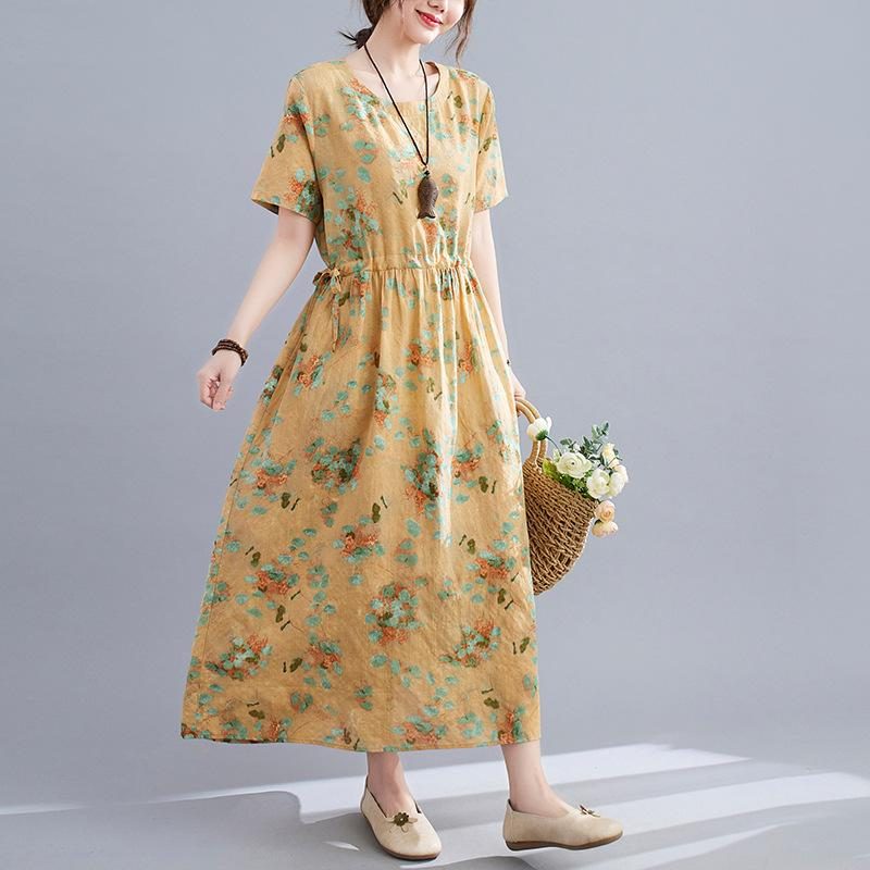 Sommer Leinenkleid Mit Blumenmuster Im Retro-stil