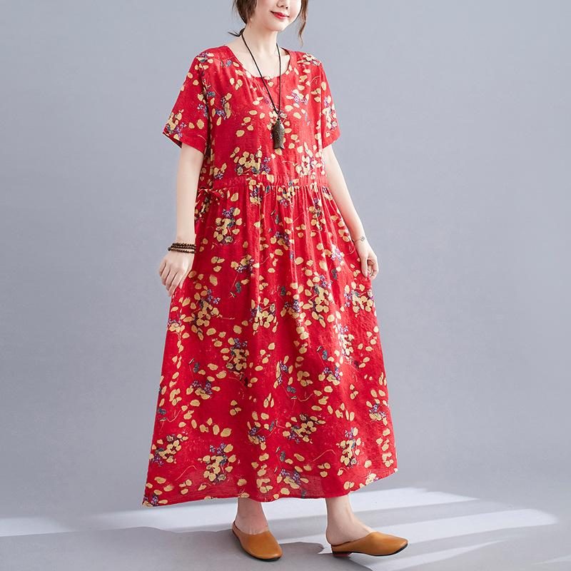 Sommer Leinenkleid Mit Blumenmuster Im Retro-stil