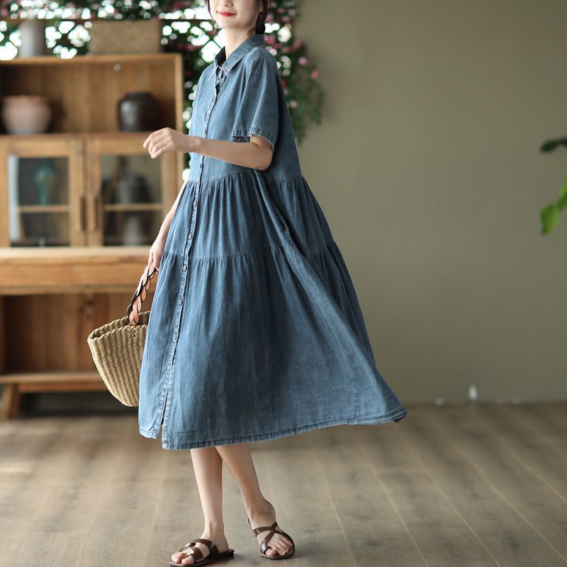 Sommer-retro-loose-patchwork-baumwoll-denim-kleid