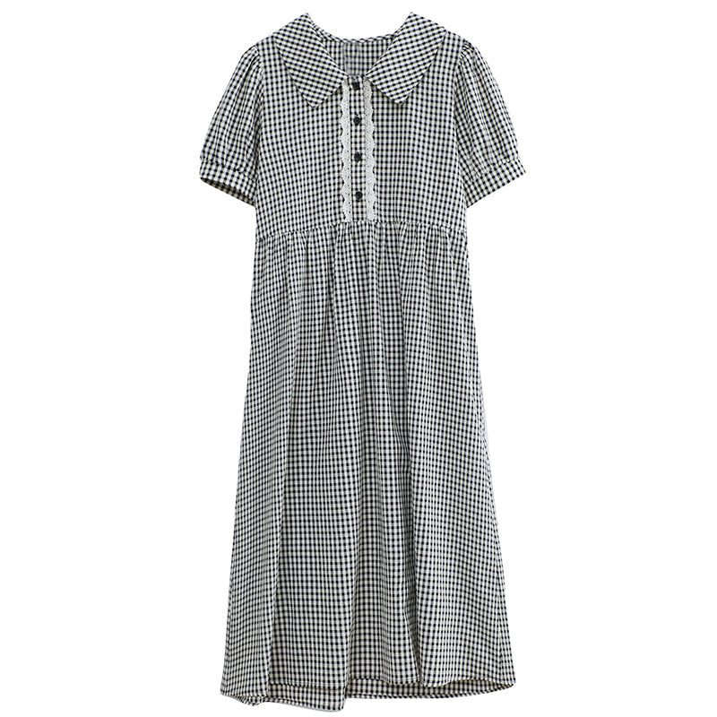 Sommer Vintage Polokragen Kariertes Midikleid