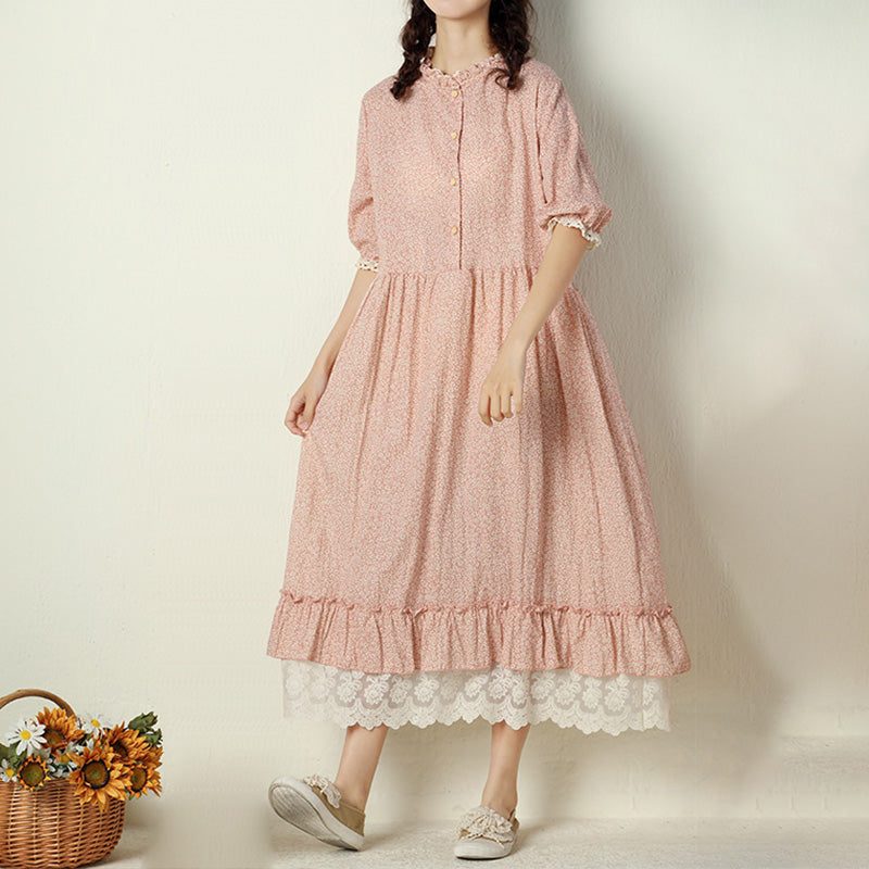 Sommerkleid Aus Baumwollleinen Im Retro-stil Mit Rüschenkragen Und Spitzensaum