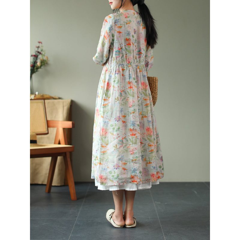 Sommerliches Lockeres Leinenkleid Mit Vintage-print