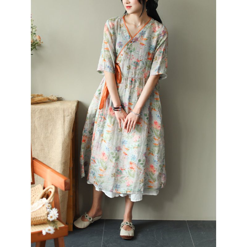 Sommerliches Lockeres Leinenkleid Mit Vintage-print