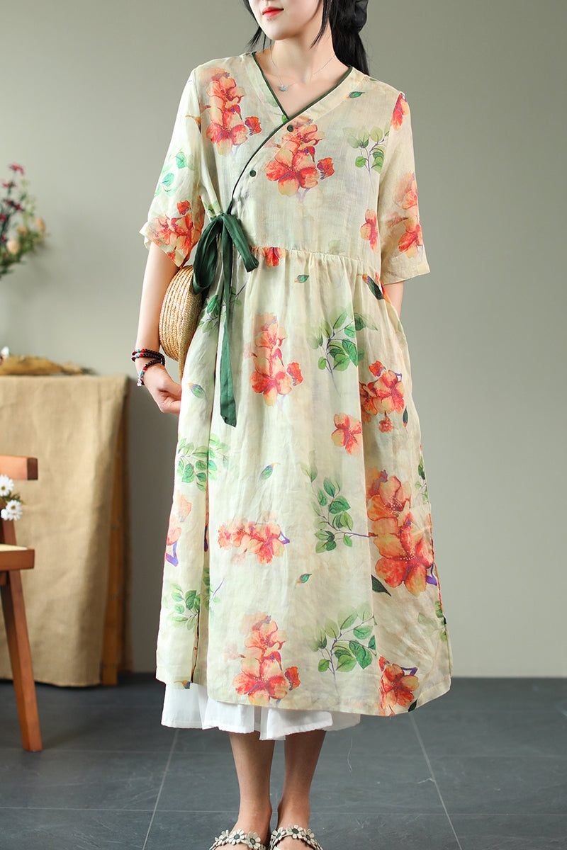 Sommerliches Lockeres Leinenkleid Mit Vintage-print