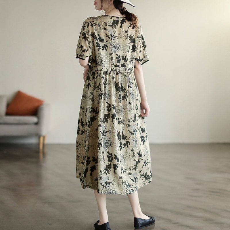 Sommerliches Lockeres Retro-leinenkleid Mit Blumenmuster