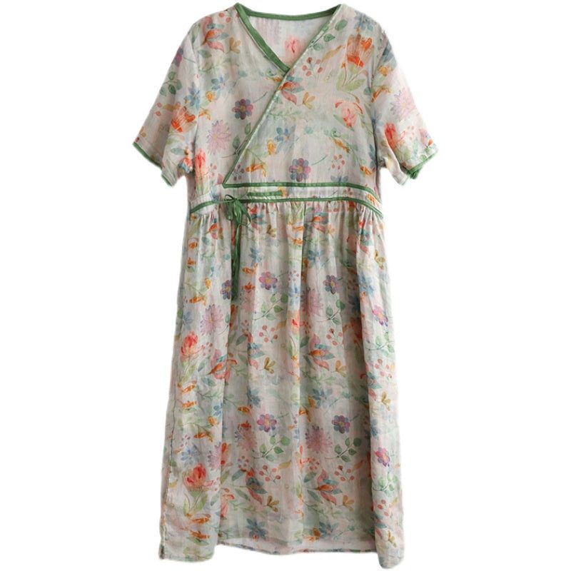 Sommerliches Lockeres Retro-leinenkleid Mit Blumenmuster