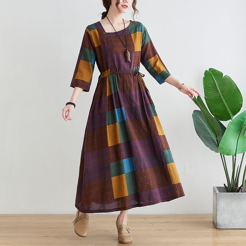 Spring Retro Plaid Plus Size Elegantes Kleid