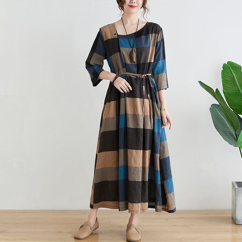 Spring Retro Plaid Plus Size Elegantes Kleid