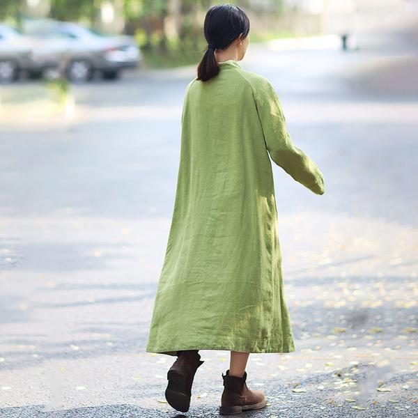 Stehkragen-langarm-ethnische Frauen-loses Beiläufiges Grünes Langes Kleid