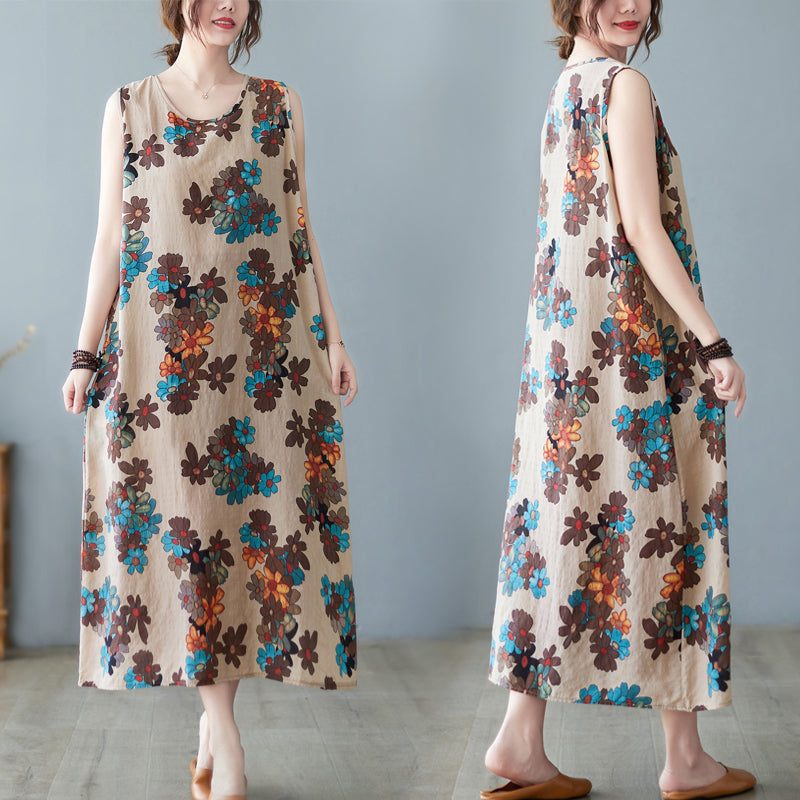 Vintage Ärmelloses Sommerkleid Aus Baumwolle Mit Blumenmuster