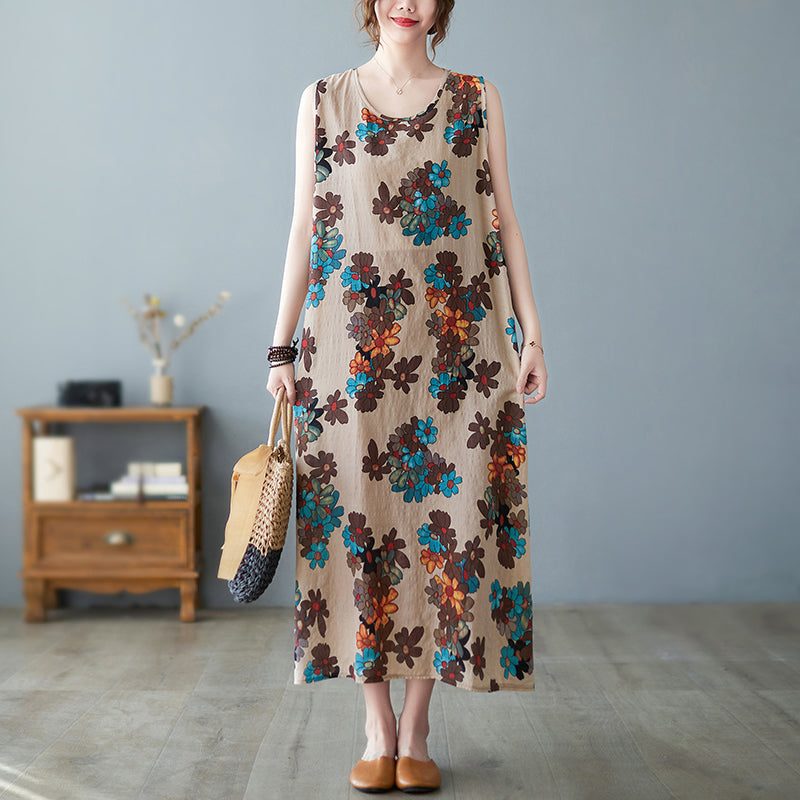 Vintage Ärmelloses Sommerkleid Aus Baumwolle Mit Blumenmuster