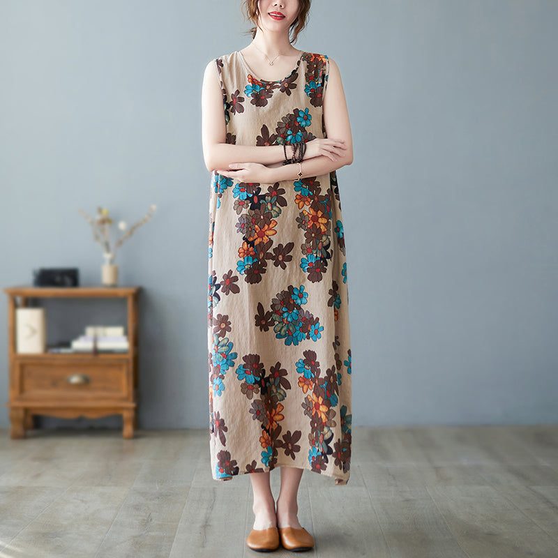 Vintage Ärmelloses Sommerkleid Aus Baumwolle Mit Blumenmuster