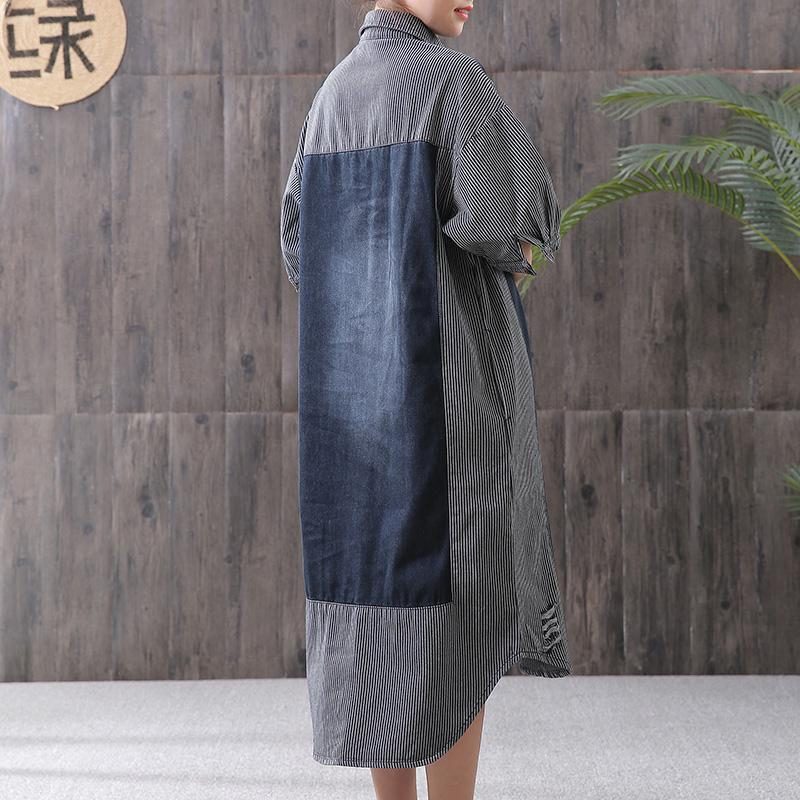 Vintage Denim Spleißstreifen Midi Kurzarmkleid